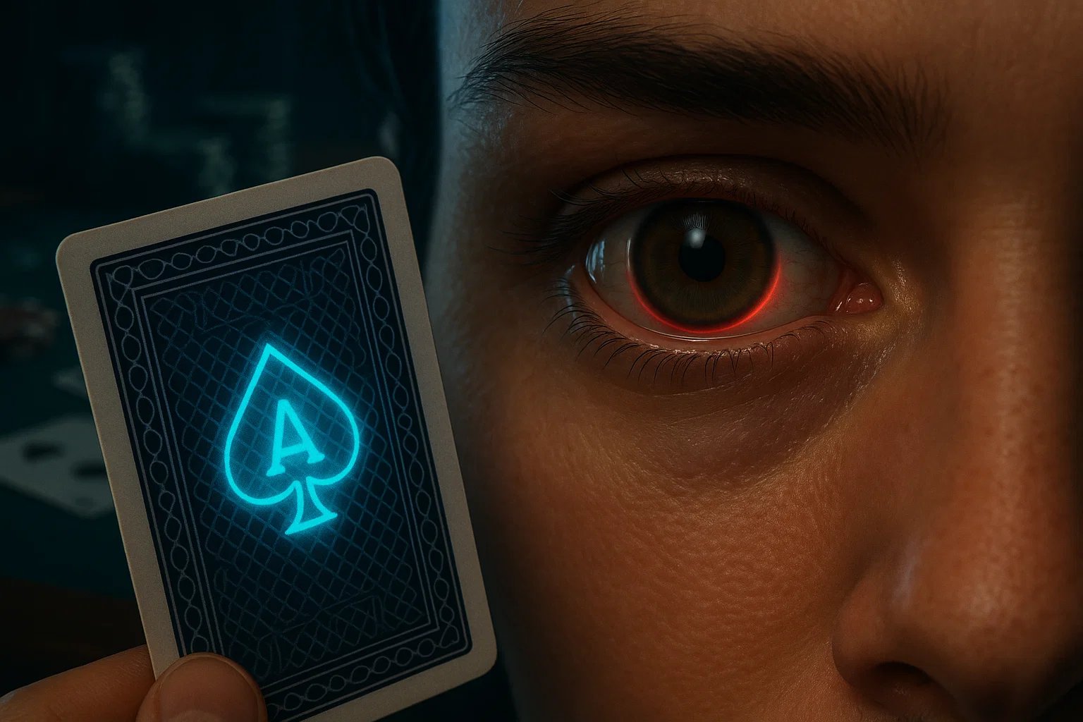 Close-up of eye with infrared contact lenses detecting marked cards