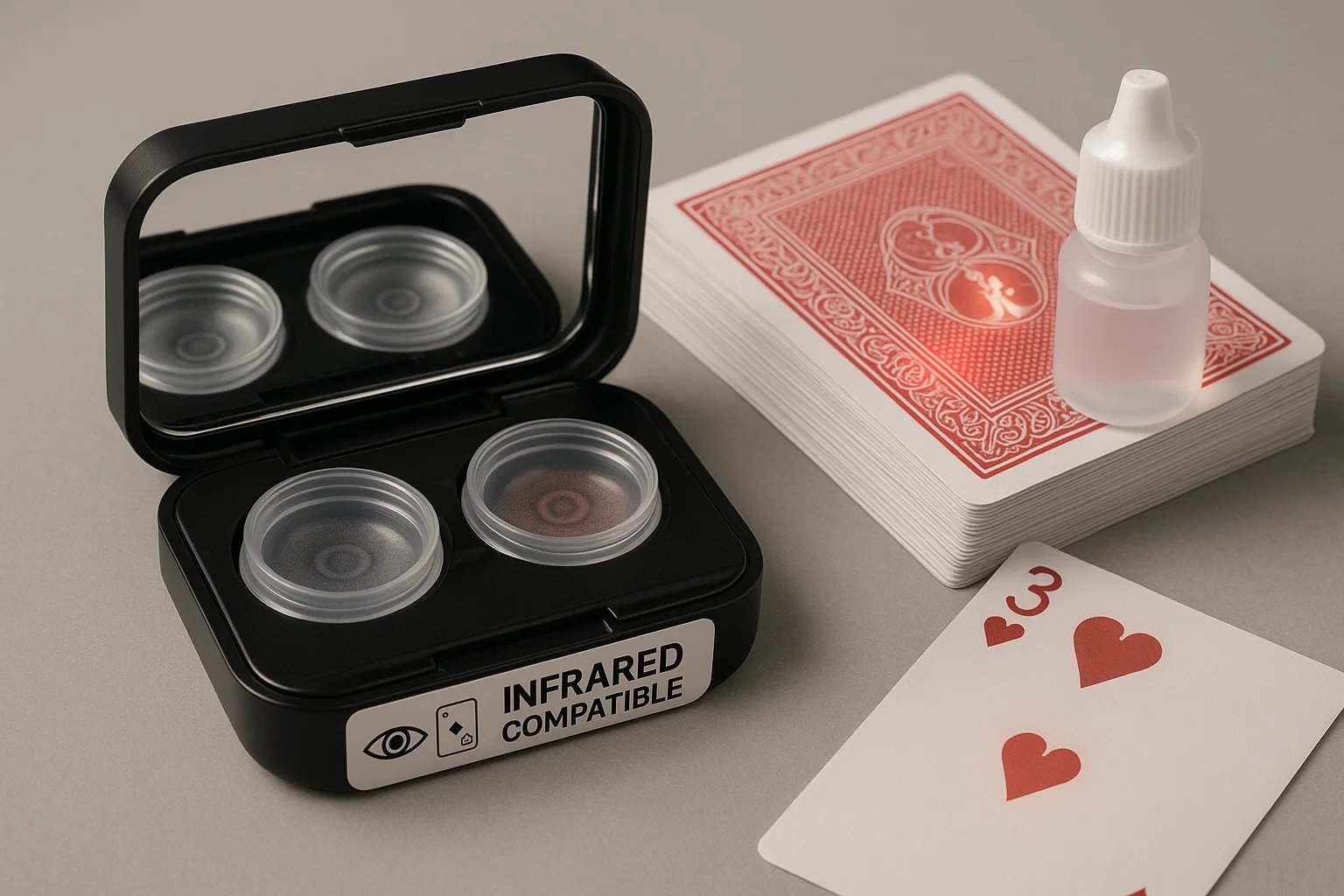 Premium infrared contact lenses displayed with a marked poker deck