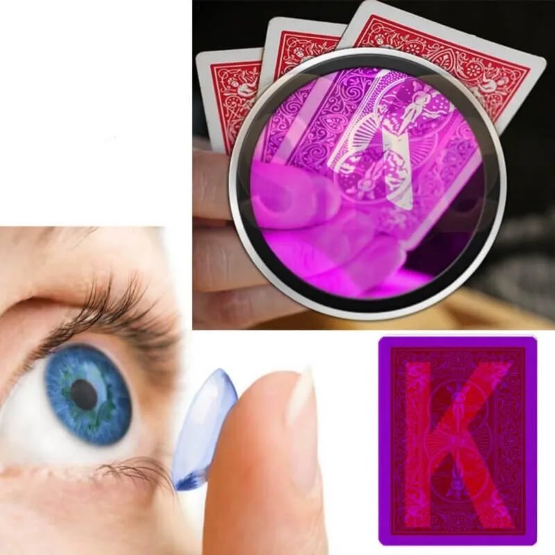 Marked cards with contact lenses revealing invisible ink patterns